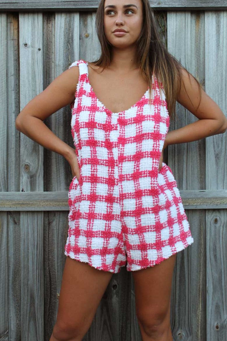 Hot Pink Checkered Terry Romper