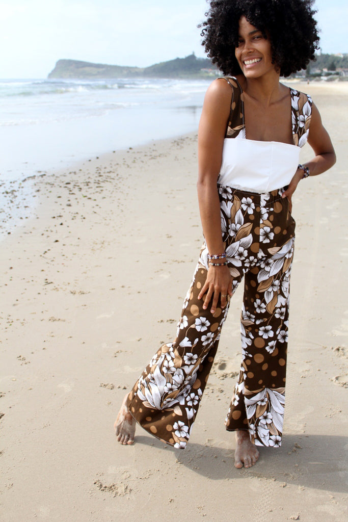 Brown and White Flower Power Jenni Jumpsuit