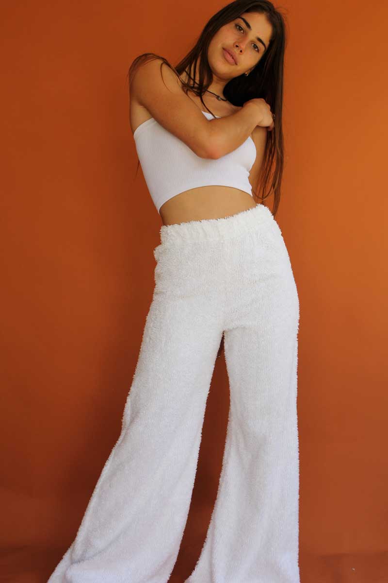 White Fluffy Terry Flares